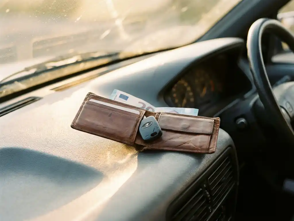 Versleten leren portemonnee op autodashboard met gevouwen eurobiljet en bussleutel in warm ochtendlicht.